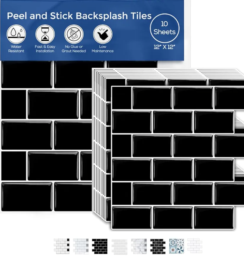 Peel and Stick Backsplash Tile for Kitchen Wall, 12” x 12” Stick On Backsplash 10-Sheet Pack Stick On Tiles for Kitchen or Bathroom with 3D Glass Tile Looks