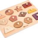 Adena Montessori Wooden Puzzles for Toddlers 1-2, 12 Piece Shape Peg Board with Knobs Educational Learning Toys for 1-2 Year Old Natural Wood Shape Sorter for Babies Durable Montessori Toys
