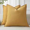 DecorUhome Summer Decorative Linen Throw Pillow Covers 18x18 Inch Set of 2 Mustard Yellow Pillow Covers with Flange Edges Soft Farmhouse Boho Accent Pillow Cases for Couch Bed Living Room