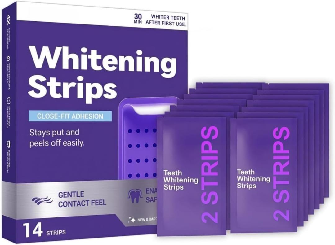 Purple Teeth Whitening Strips, 14 Strips, Gentle Daily Stain Reduction & Natural Shine, Portable On-The-Go for Home & Travel