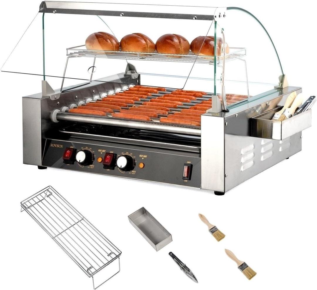 ROVSUN Commercial Hot Dog Roller, 11 Rollers 30 Hot Dog Machine Roller Grill Cooker w/Cover, Dual Temp Control, LED Lighting, Removable Shelf & Drip Tray for Party Home ETL1650W