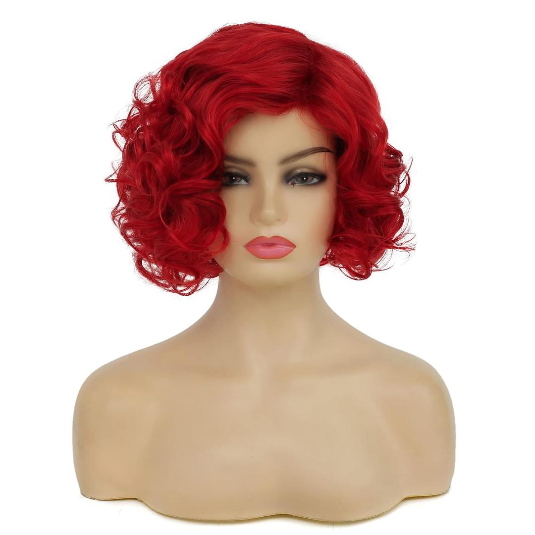 Baruisi Short Curly Red Wigs for Women Synthetic Natural Wavy Red Costume Cosplay Party Wig with Wig Cap