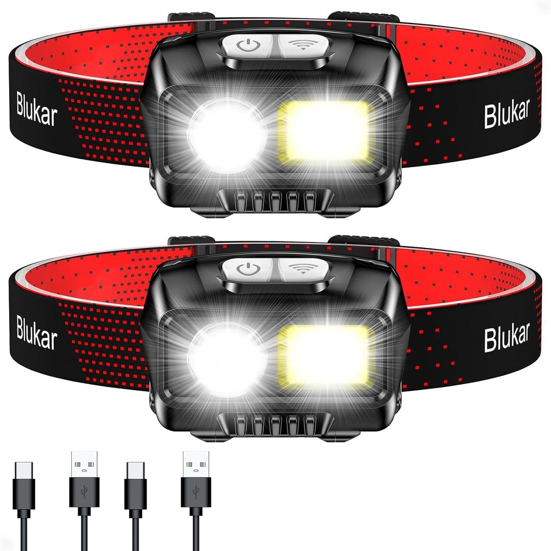 Blukar LED Headlamp Rechargeable,2000L High Lumen Super Bright Dimmable Headlight Flashlight with Motion Sensor- 8 Modes,Spotlight&Floodlight,IPX5 Waterproof for Camping,Hiking,Running,Fishing -2 Pack (Black)