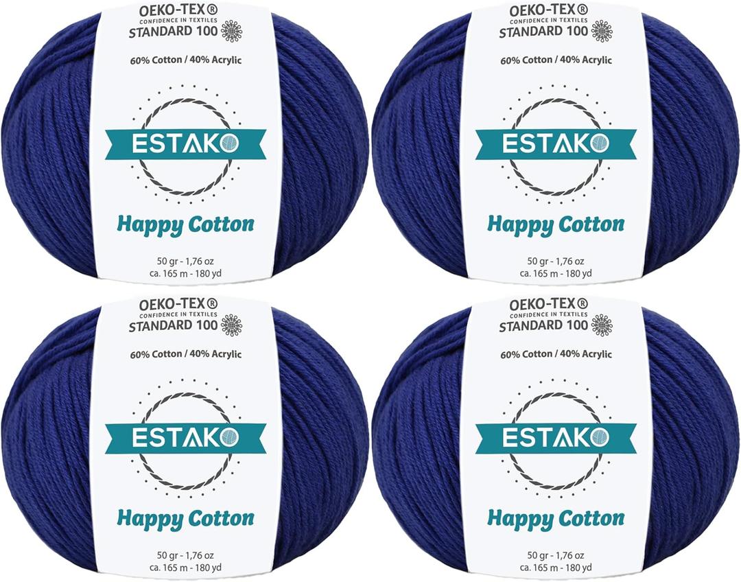 Estako Happy Cotton, (4 Skeins Pack) 60% Cotton 40% Acrylic Yarn, Soft, Fine/Sport (2) for Crochet and Knitting (4 x 1.76 Oz) / (4 x 180 Yrds) (4210 - Navy Blue)