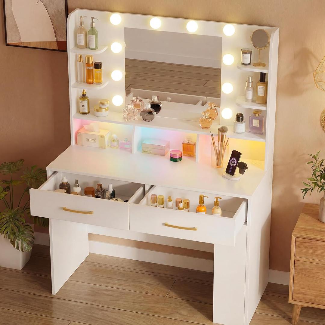 COMHOMA LUCKRACER Vanity Desk with LED Lights Mirror & Charging Station, White Makeup Vanity with Storage Drawers and Shelves, Modern Dressing Table for Women Girls Bedroom, White