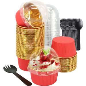 Large Cupcake Liners Baking Cups 50 Pack,LNYZQUS 5oz Foil Muffin Cups Muffin Tins,Disposable Ramekins Tins with Lids and Spoons,Cupcake Wrappers Holders for Wedding Bakery-Red in gold