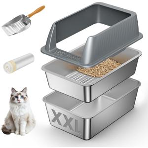 XXL Stainless Steel Sifting Litter Box with Lid,Sifting Cat Litter Box for Wood Pine Pellets,16''High Sides Sifter Litter Pan System,Odor Control,Easy to Clean,with Liners and Scoop