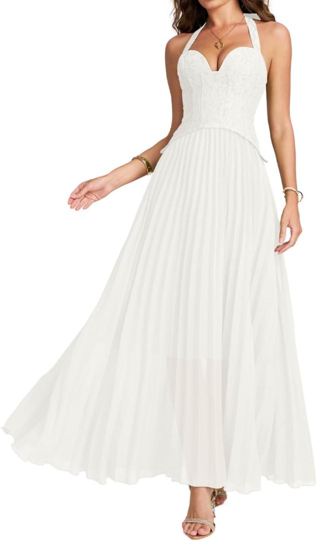 ChiaoLezhee Women's Elegant Pleated Floor Length Prom, Lace-Up Back Fairy Chiffon Bustier Dress for Special Occasions (Medium, White)