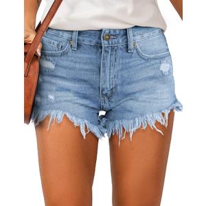 luvamia Women Casual High Waisted Denim Shorts Frayed Raw Hem Ripped Jeans Shorts (X-Small, A Blue Tides)