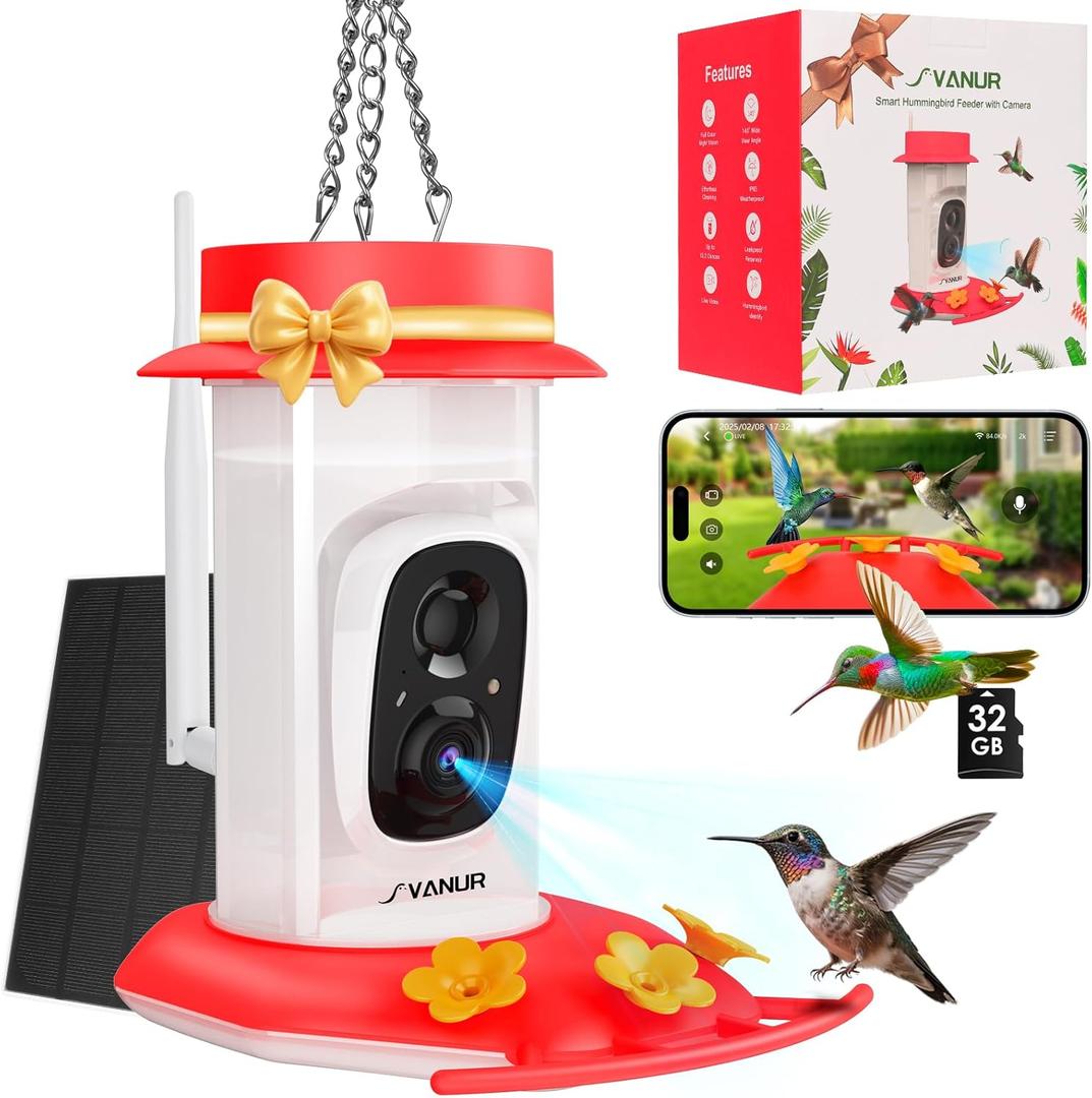 Svanur Smart Hummingbird Feeder with Camera,Solar Powered Humming Bird Feeders for Outdoors,Instant Notifications,W/32G Card,2K Live Video,Easy Clean & Refill,Ideal Gifts for Bird Lovers