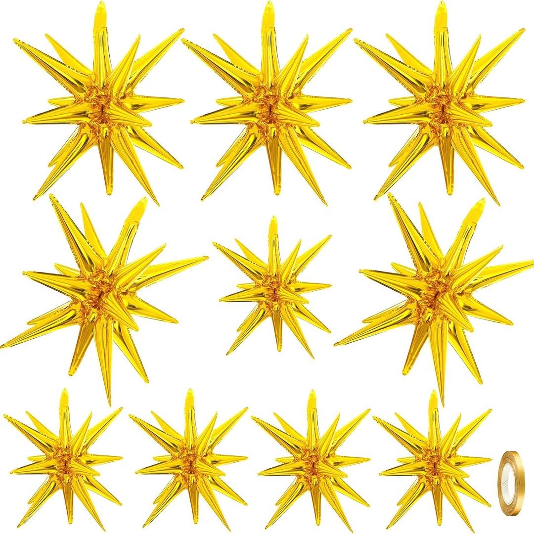 10 Pcs Starburst Cone Balloons Spike Balloons,Huge Gold Explosion Star Aluminum Foil Balloons for Birthday, Wedding Anniversary, Bachelorette Party, Graduation Party,Disco Party Decorations Supplies,golden