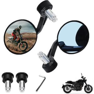Motorcycle Mirrors Handlebar Mirror - 22MM 7/8" Universal CNC Aluminum Round Cafe Racer Retro Black Motorcycle Bar End Mirrors with Anti-Glare Blue Lens - Compatible with Minimoto Scooter