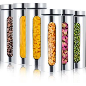 6 Pack Kitchen Canisters Set Airtight Coffee Sugar Tea Candy Storage Jars with Window Glass Stainless Steel Containers with Lids for Flour Cookies Spices Grains Kitchen Decorations (60 oz)