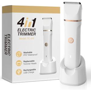 4-in-1 Electric Bikini Trimmer for Women - Painless Electric Razors for Facial/Body/Armpit/Pubic Hair, IPX7 Waterproof Replaceable Shaver Head & Nose Hair Trimmer for Travel, Gifts for Girlfriend Wife