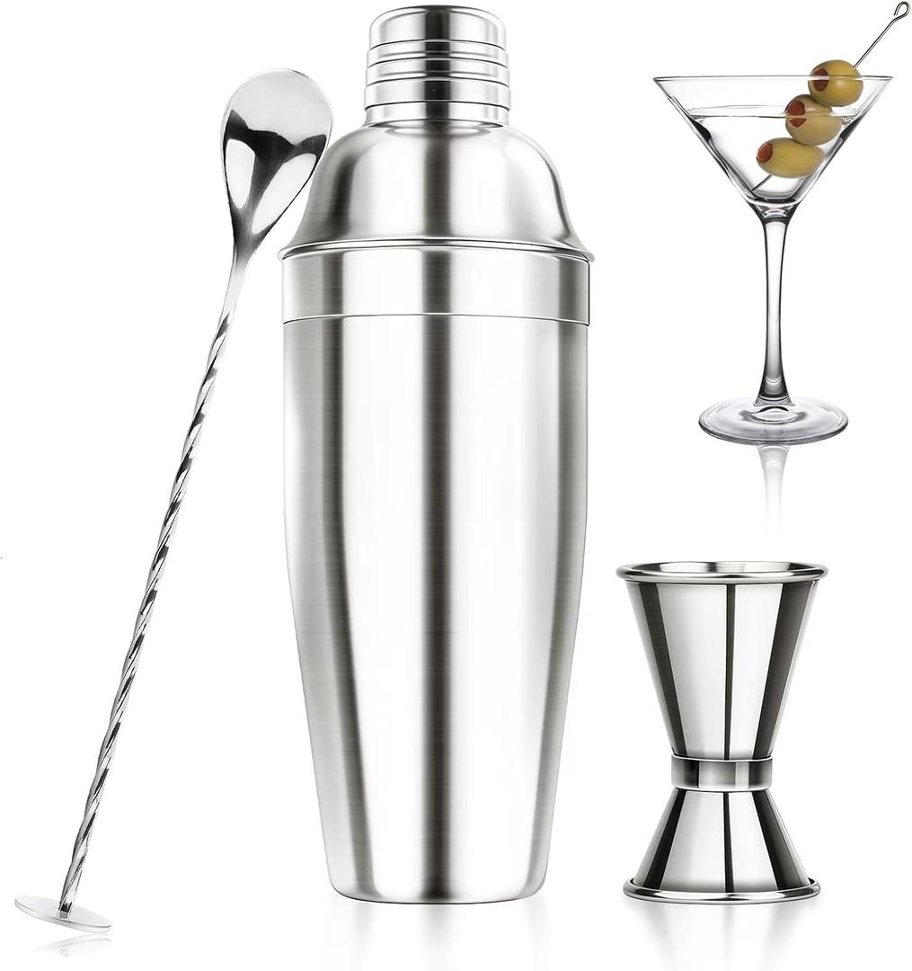 Ohtomber 24OZ Cocktail Shaker Set - Cocktail Bar Martini Drink Shaker Set with Strainer, Stainless Steel Bartender Kit Drink Mixer with Jigger, Mixing Spoon, Bar Accessories for Beginners (Silver)