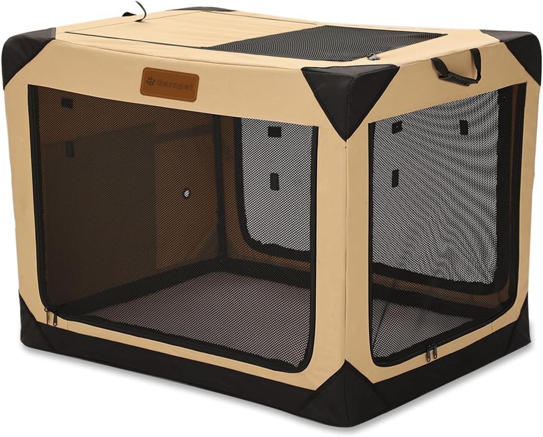 Garnpet 36 Inch Collapsible Soft Dog Crate for Large Dogs, 4-Door Foldable Travel Dog Kennel with Durable Mesh Windows for Indoor & Outdoor Portable Pet Crate, Soft Side Dog Crate, Beige