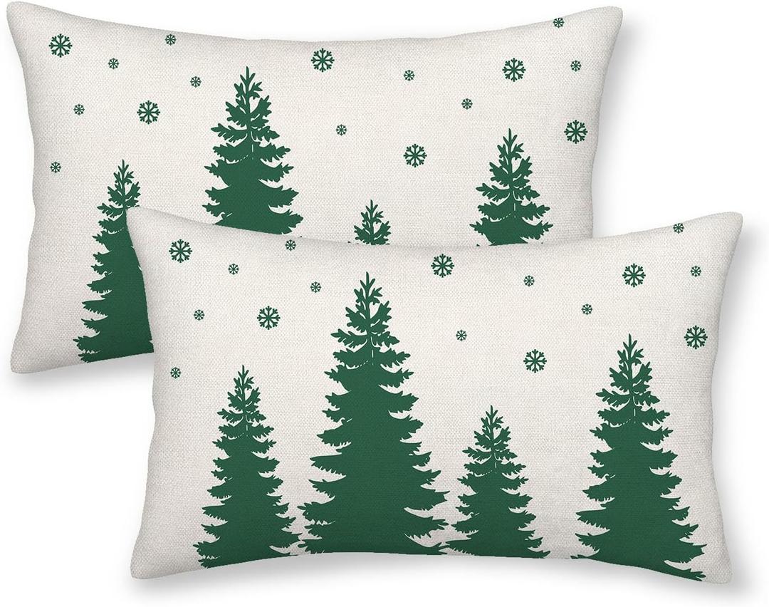 CXMEIFLY Christmas Pillow Covers 12x20 Inch Set of 2 Cream Sage Green Christmas Tree Snowflakes Decor Throw Pillows Winter Xmas Holiday Outdoor Lumbar Cushion Cases for Couch Bed Decorations