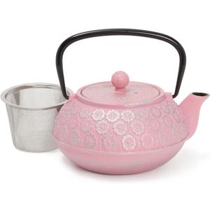 Juvale Cast Iron Tea Kettle - Stainless Steel Infuser & Loose Leaf Tea Steeper - Heat Retention in Pink Cast Iron Kettle - 34 oz