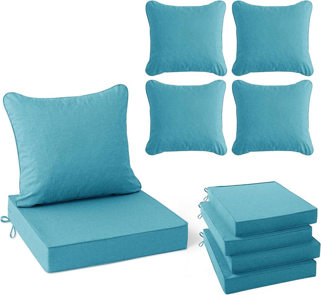 Summsun Faux Linen Outdoor Chair Cushions, Water Resistant Backrest and Deep Seat Cushion Set with Removable Cover, Straps, Non-Slip Bottom for Patio Furniture, 22 x 22 Inch, Teal, Set of 4