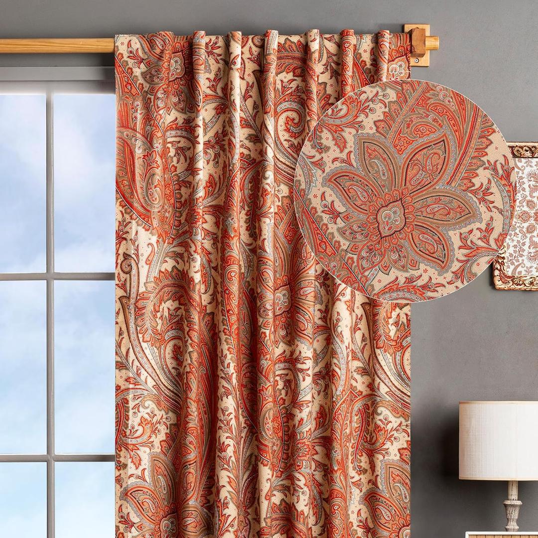 Maison d' Hermine Curtains for Living Room 100% Cotton 124 inch Length One Panel Light Filtering Curtains for Windows with Rod and Loop Pockets (Kashmir Paisley - Tomato, 50" W x 124" L)