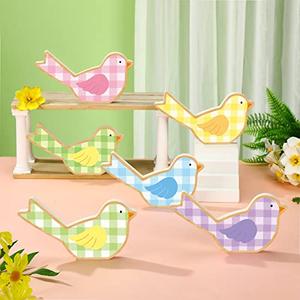 Qunclay 6 Pcs Spring Bird Wooden Decor Table Decorations Sign Tiered Tray Decor Centerpiece Farmhouse Home Table Blocks for Spring Party Mantle Shelf