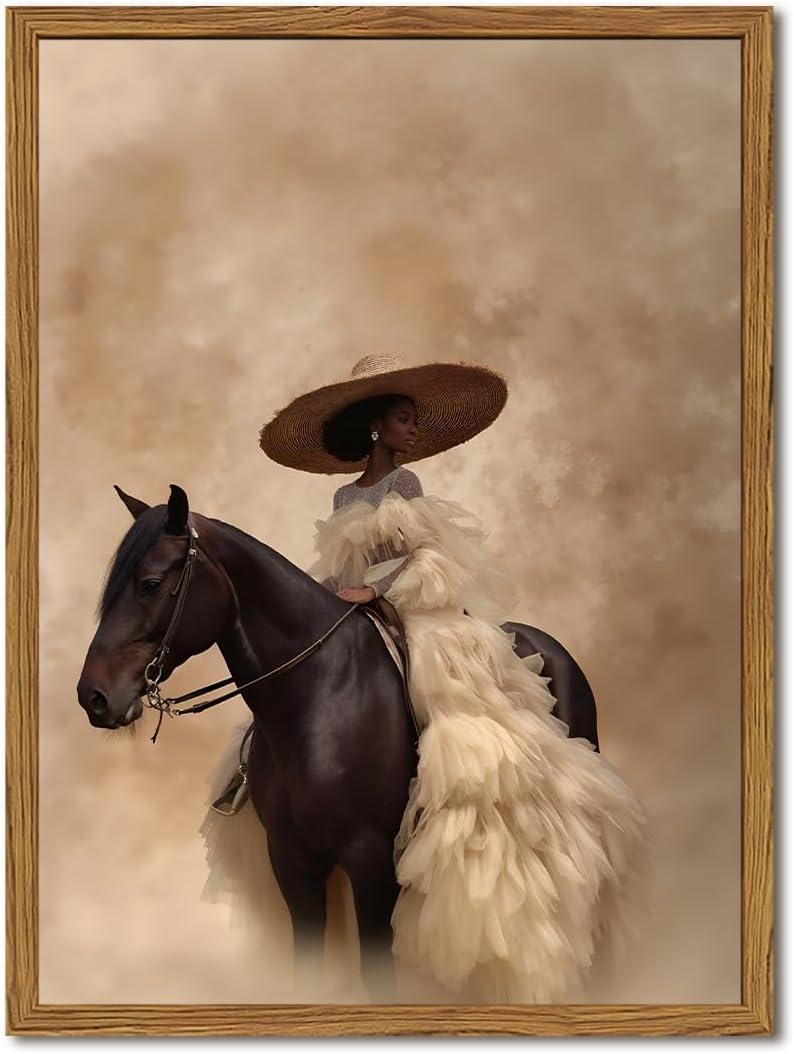 Western Cowgirl Riding Horse Wall Art Vintage Black Girl Rodeo Wall Decor Painting, African American Woman Southwest Poster Canvas Prints for Living Room Bedroom 12x16 inch Wood Framed