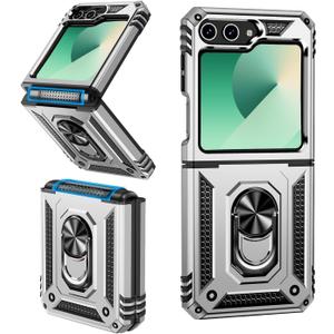ONOLA Phone for Galaxy Z Flip 7 FE Case/Galaxy Z Flip 6 Case with Hinge Protection and 360°Rotate Ring Magnetic Kickstand. [Military-Grade] Phone Case (Silver)