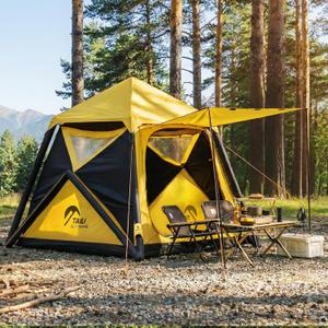 TAILI Inflatable Blow Up Tent for Camping with Hand Pump for 2-4 Person, Easy Setup Outdoor Inflatable Oxford Waterproof Air Tent House for Family Camping Adult, Yellow Black