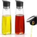 Premium Glass Olive Oil and Vinegar Dispenser Bottles Set, 2-Piece 16oz Kitchen Cooking Cruet with Auto-Open Lid, Non-Drip Pouring Spout, Oil Infuser Filter, Dishwasher Safe (Black)