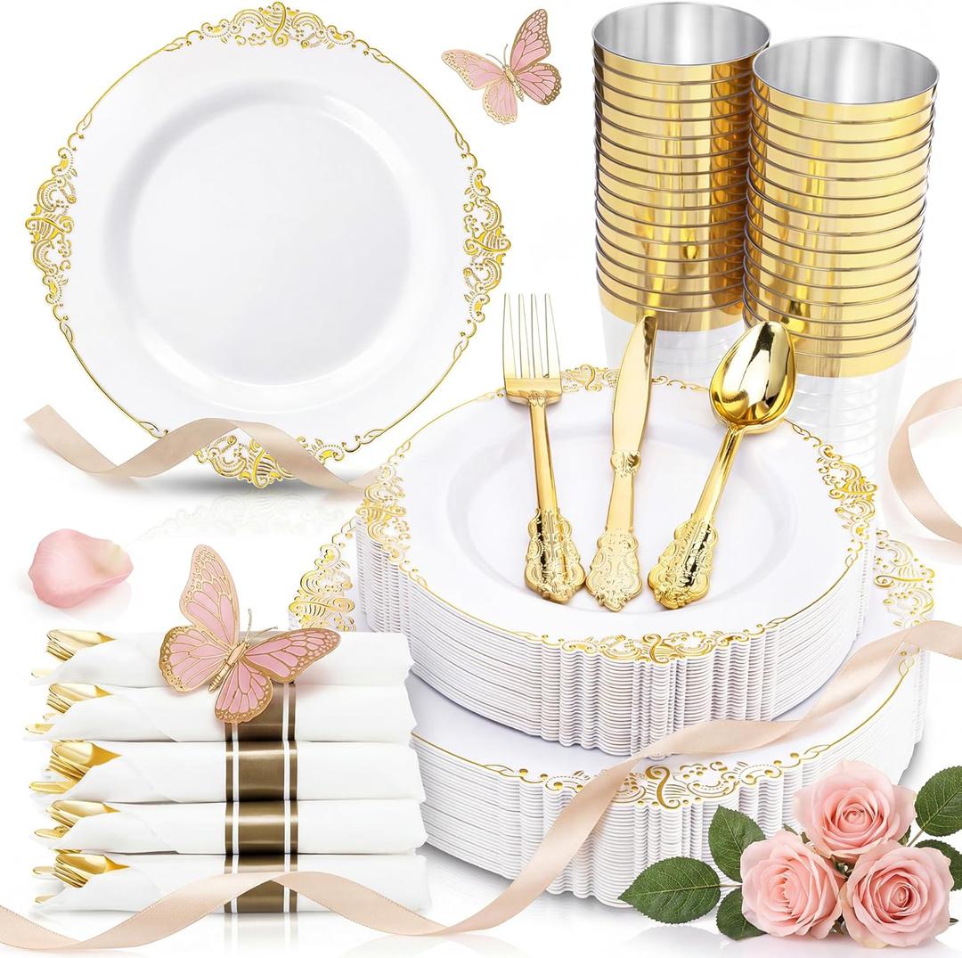 Nervure 350PCS Gold Plastic Plates - Gold Plastic Dinnerware Sets for 50 Guests - 100 Disposable Plates, 150 Silverware, 50 Cups, 50 Napkins for Wedding & Party & Mother's Day