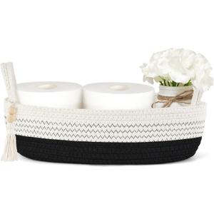 Mkono Small Storage Basket for Toilet Tank Top Boho Bathroom Decor Woven Rope Toilet Paper Tray Organizer for Shelf Bedroom Living Room, Black and White, 1 Pack, 13" L x 6" W