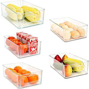 Refrigerator Organizer Bins 5 Pack Stackable Fridge Organizers with Handles Clear Freezer Storage Containers for Pantry, Cabinets,Shelves, Drawer BPA-Free Plastic Kitchen Organizers