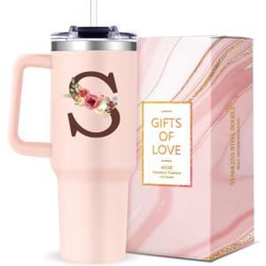 Monogrammed 40oz Tumbler with Handle for Women, Personalized Birthday Gifts for Women,Initial Cups for Woman Floral Letter S,Customized Gifts for Female Lady Gift for Mothers Day Christmas