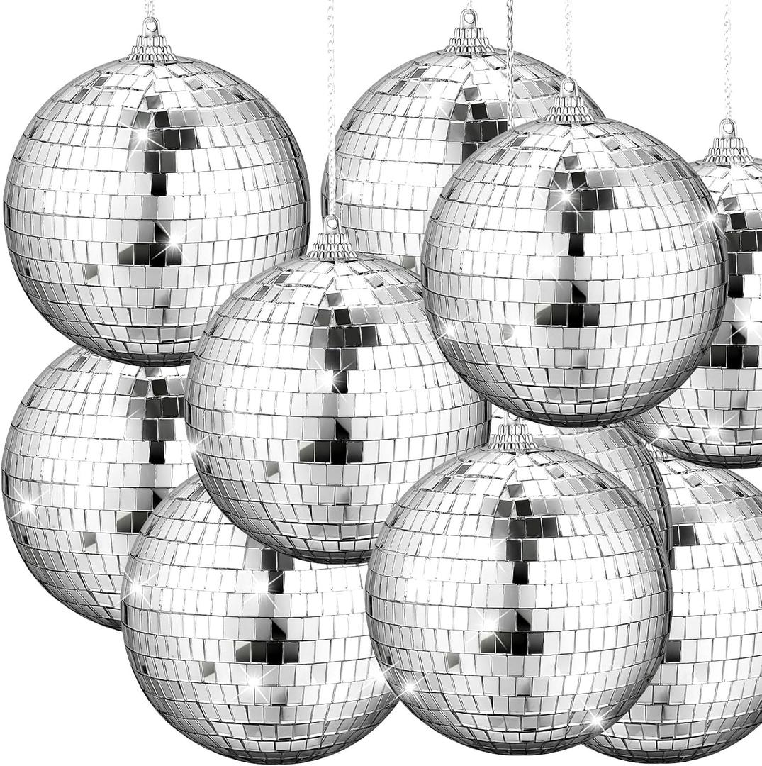 Yookeer 12 Pack 4 Inch Mirror Disco Ball Decorations Small Silver Hanging Ornaments Reflective with Attached String for Ring DJ Stage Lighting Effect for School Festival Fun 50s 60s 70s Party Decor