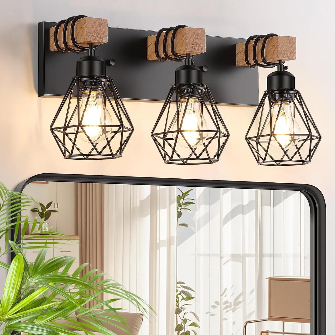 FadimiKoo 3-Light Farmhouse Bathroom Vanity Light Fixtures, Wood Bathroom Lighting Over Mirror, Black Vanity Lights with Metal Lampshade, Vintage Wall Light Fixtures for Bedroom, Living Room, Hallway