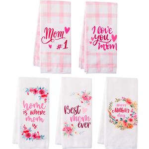 R HORSE 5Pcs Best Mom Kitchen Dish Towel Set Mother Pink Floral Absorbent Drying Dish Tea Towels Bar Hand Dishcloths Kitchen Rag Happy Mother's Day Decor for Bathroom Home Housewarming Supplies