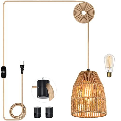 Plug in Pendant Light, Hanging Lights with 15ft Golden Cotton Cord & Stepless Dimming Switch, Handwoven Hemp Rope Lampshade, Boho Hanging Lamp for Bedroom,Hallway (Bulb & 2 Swag Hooks Included)