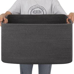 OIAHOMY Large Blanket Basket, Storage Basket with Handle, Blanket Basket for Living Room, Rectangle Woven Cotton Rope Basket for Bedroom, Toy Baskets Organizer Bins, 22" x 17" x 12" in, Dark Grey