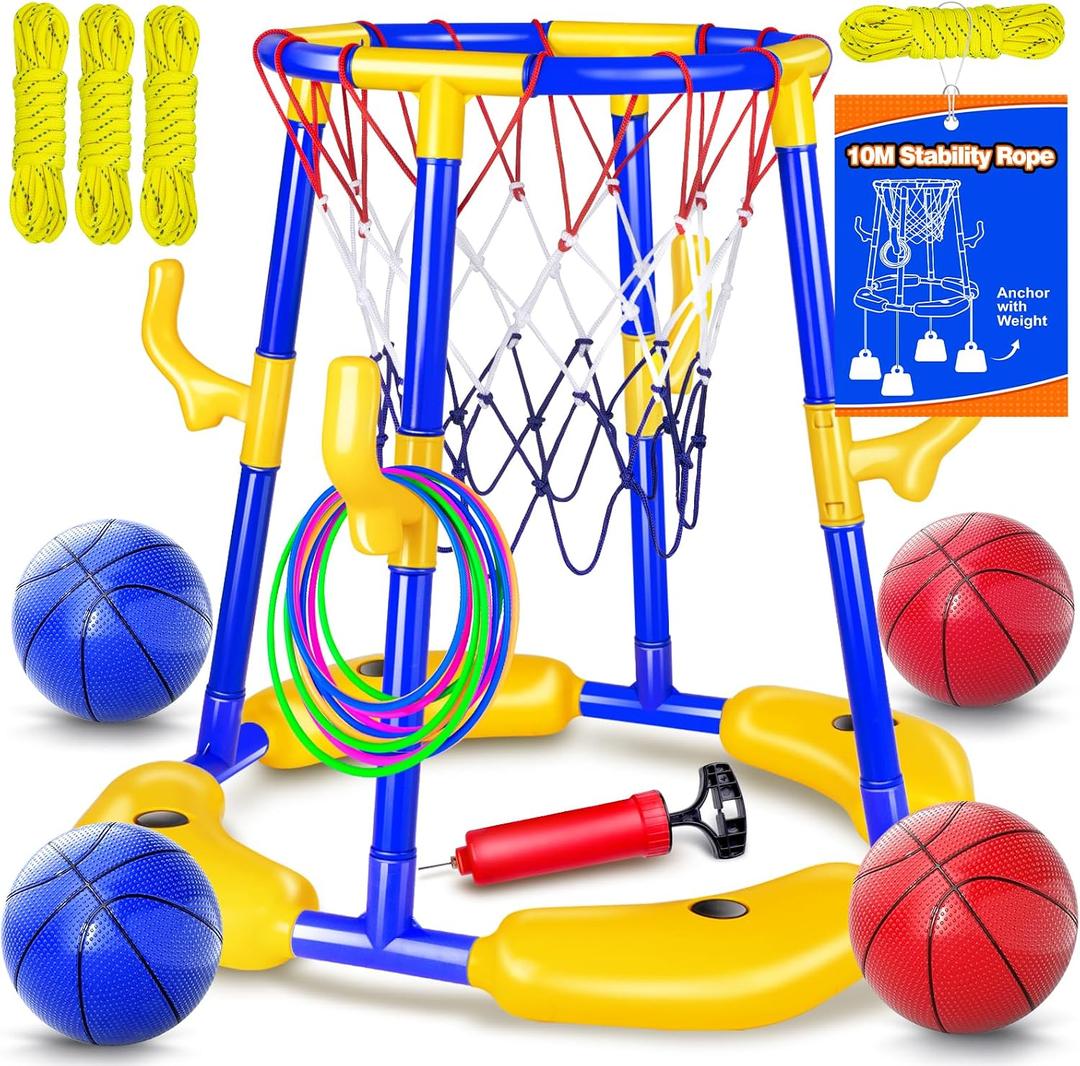 Pool Basketball Hoop Floating with Anti-Tip & Anti-Drift Design, Basketball & Ring Toss Pool Toys for Kids Ages 4-8, 8-12, Summer Outdoor Water Toys Pool Games for Adults and Family