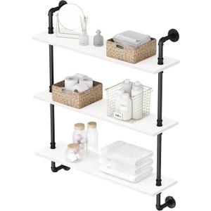 3-Tier Industrial Pipe Floating Shelf – Rustic 36 inch Wood Wall-Mounted Storage Shelf for Kitchen Office,Bathroom & Home Decor -White