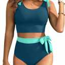 Yonique Two Piece High Waisted Swimsuits - Women Tummy Control Bikini Modest Bathing Suit 2PC 2025 Teal and Green L