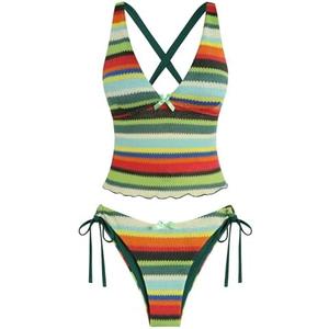ZAFUL Women's Tankini Set V Neck Tummy Control Floral Printed Tie Side Thong Bikini Swimsuits 2 Piece Bathing Suits size Large