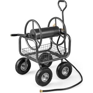 Goplus Garden Hose Reel Cart, 300 FT of 5/8" Large Capacity, Heavy-Duty Metal Hose Cart w/ 4 Wheels, Storage Basket, Portable Water Hose Organizer for Outside Yard, Outdoor Planting Tool (Black)