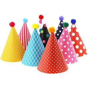 Party Hats for Kids Birthday Hats, DIY Mini Cone and Crown Set with Pom Poms, Small Paper Caps for Stuffed Animals, Pets or Toddler Decorations, Assorted Rainbow Colors