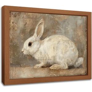 Framed Vintage Wall Art Decor, Neutral Rabbit Oil Painting, Farmhouse Decor Aesthetic Canvas Picture Prints for Living Room Bathroom Bedroom