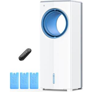 Windowless Air Conditioner, 27" Bladeless Evaporative Air Cooler with 4 Modes & 3 Speeds, Double Tanks, 4 Ice Packs, 25FT Remote, 7H Timer, Portable Swamp Cooler Air Conditioner No Window Needed