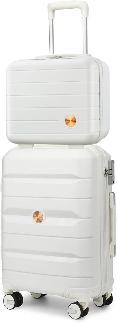Somago 20" Carry On Luggage and 14" Mini Cosmetic Cases Travel Set Lightweight Polypropylene Suitcase with TSA Lock YKK Zipper Hardside Luggage with Spinner Wheels (2 Piece Set, Creamy White)