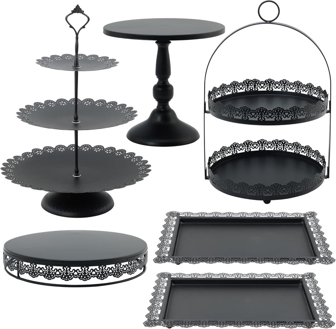 6 Pcs Black Cake Stands Set, QENUIITEA Cake Display Pedestal Tiered Cupcake Holder Dessert Plate Serving Tower Tray Decorative for Wedding Birthday Party Baby Shower Celebration