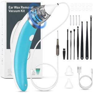 Ear Vacuum Ear Wax Removal Kit with 5 Levels Strong Suction, USB Rechargeable Reusable Electric Ear Suction Vacuum (Blue)