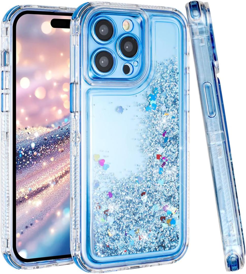 Tikoo Designed for iPhone 14 Pro Max Case Glitter for Women Girl Clear 3-in-1 Heavy Duty Protective Phone Cover with Floating Liquid Quicksand Bling Sparkly Cute Case for iPhone 14 pro Max (Blue)